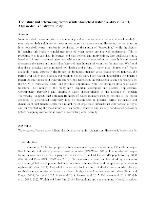 The nature and determining factors of inter-household water transfers in Kabul, Afghanistan: a qualitative study Thumbnail