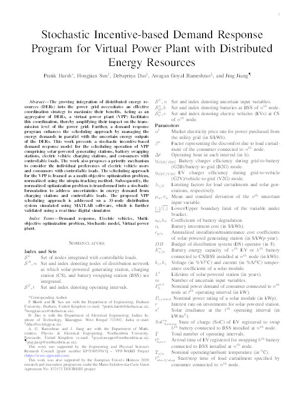 Stochastic Incentive-based Demand Response Program for Virtual Power Plant with Distributed Energy Resources Thumbnail