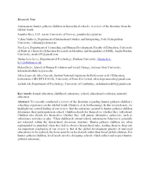 Autonomous hunter-gatherer children in hierarchical schools: a review of the literature from the global South Thumbnail