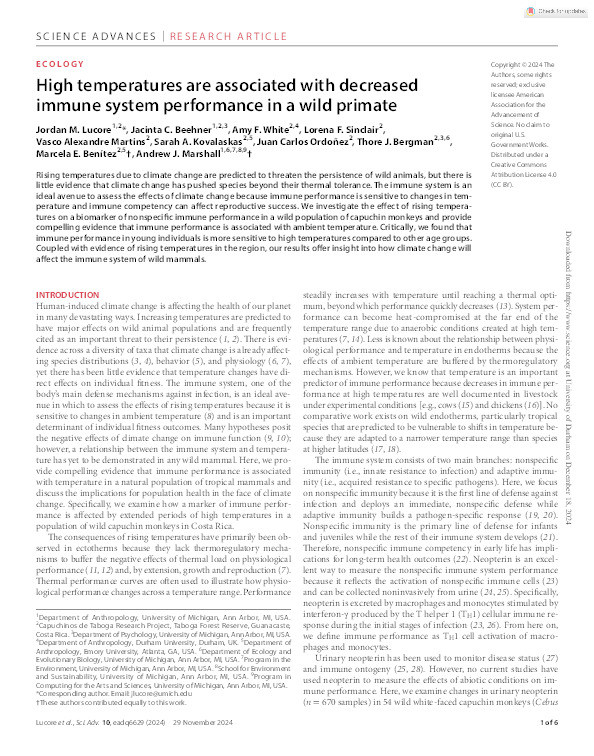 High temperatures are associated with decreased immune system performance in a wild primate. Thumbnail