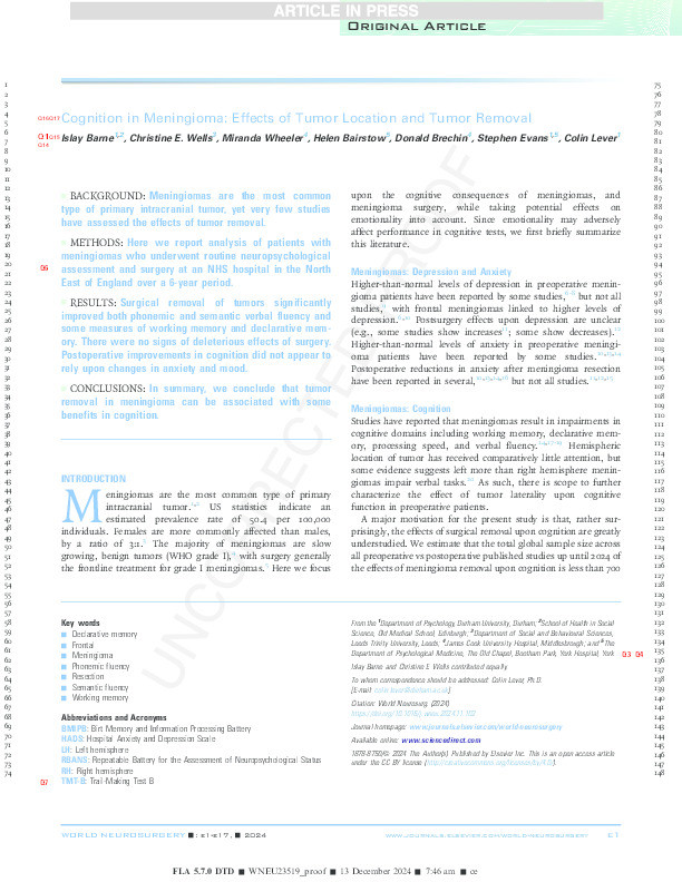 Cognition in meningioma: effects of tumour location and tumour removal. Thumbnail