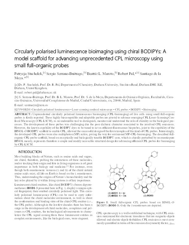 Circularly Polarized Luminescence Bioimaging Using Chiral BODIPYs: A Model Scaffold for Advancing Unprecedented CPL Microscopy Using Small Full-Organic Probes. Thumbnail