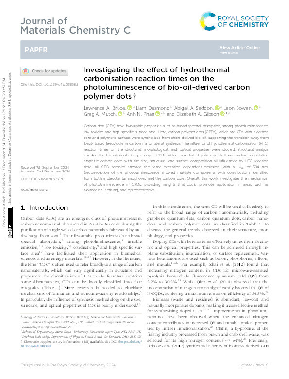 Investigating the effect of hydrothermal carbonisation reaction times on the photoluminescence of bio-oil-derived carbon polymer dots † Thumbnail