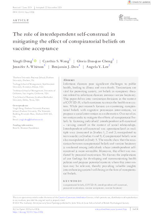 The role of interdependent self‐construal in mitigating the effect of conspiratorial beliefs on vaccine acceptance Thumbnail