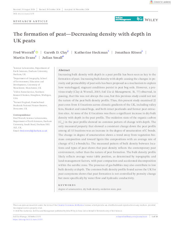 The formation of peat—Decreasing density with depth in UK peats Thumbnail