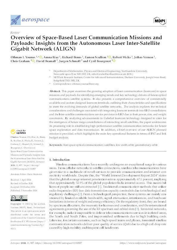 Overview of Space-Based Laser Communication Missions and Payloads: Insights from the Autonomous Laser Inter-Satellite Gigabit Network (ALIGN) Thumbnail