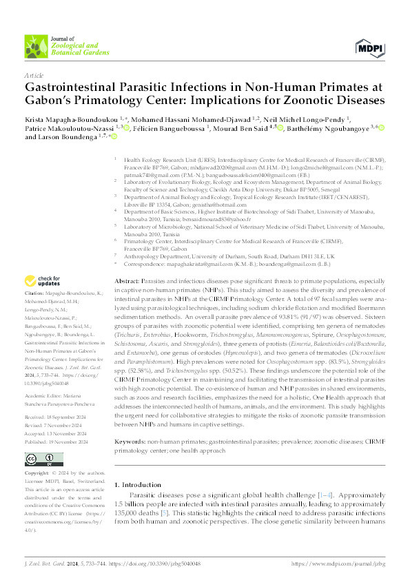 Gastrointestinal Parasitic Infections in Non-Human Primates at Gabon’s Primatology Center: Implications for Zoonotic Diseases Thumbnail