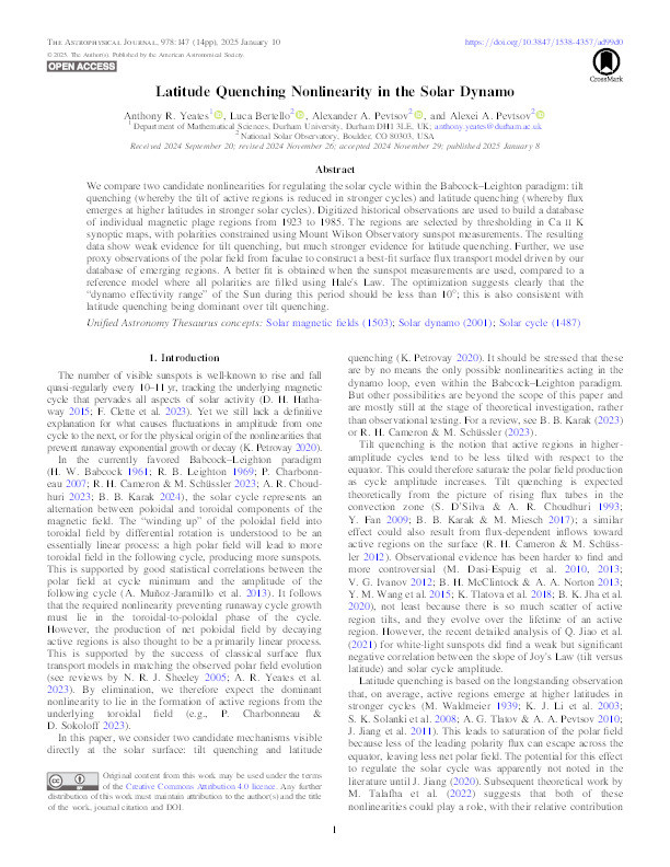 Latitude Quenching Nonlinearity in the Solar Dynamo Thumbnail