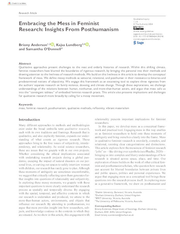 Embracing the mess in feminist research: Insights from posthumanism Thumbnail