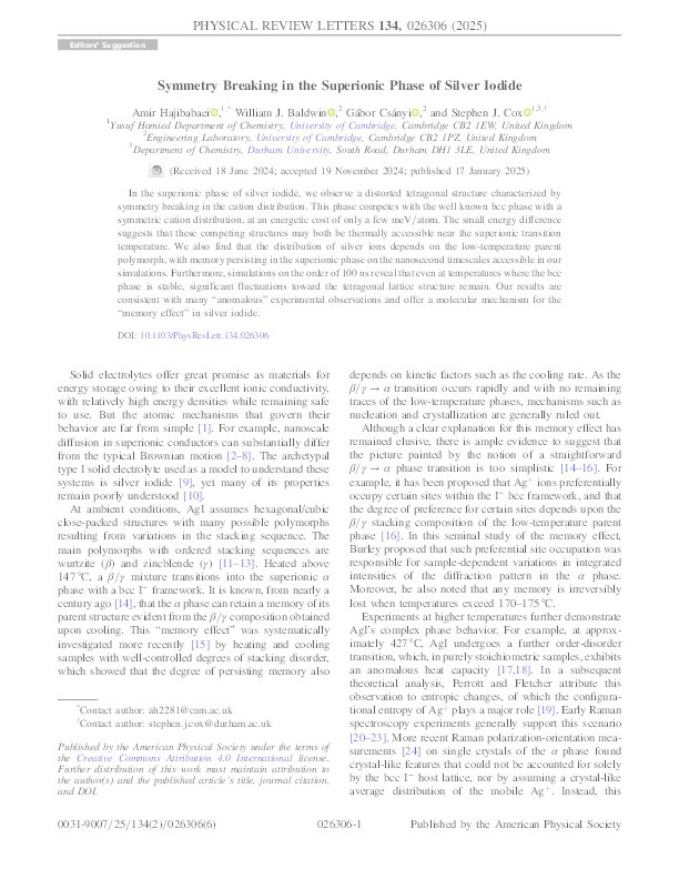 Symmetry Breaking in the Superionic Phase of Silver-Iodide Thumbnail