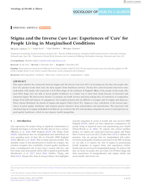 Stigma and the Inverse Care Law: Experiences of ‘Care’ for People Living in Marginalised Conditions Thumbnail