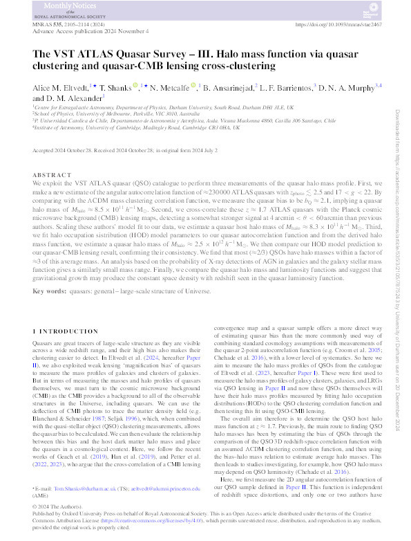 The VST ATLAS Quasar Survey – III. Halo mass function via quasar clustering and quasar-CMB lensing cross-clustering Thumbnail