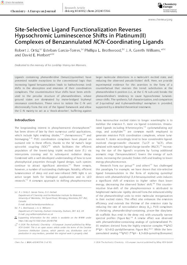 Site-Selective Ligand Functionalization Reverses Hypsochromic Luminescence Shifts in Platinum(II) Complexes of Benzannulated NCN-Coordinating Ligands. Thumbnail