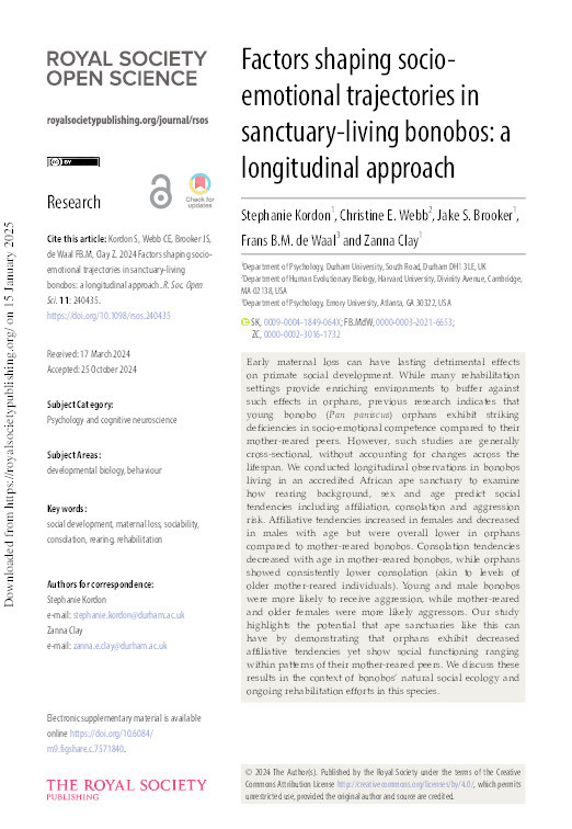 Factors shaping socio-emotional trajectories in sanctuary-living bonobos: a longitudinal approach Thumbnail