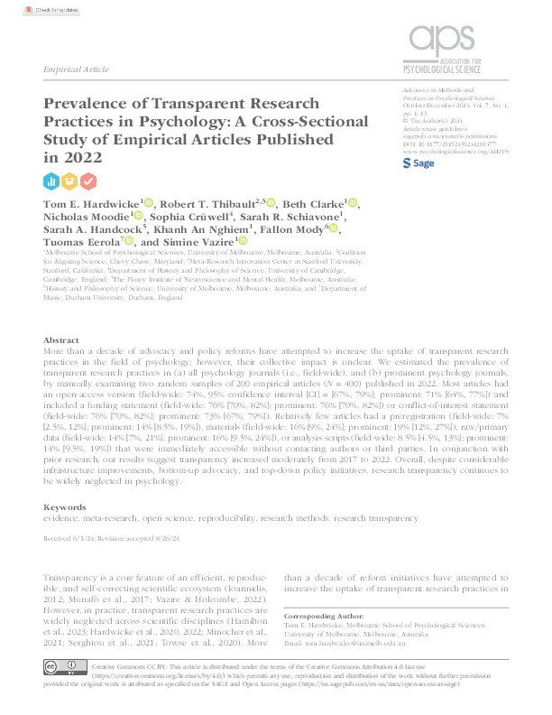 Prevalence of Transparent Research Practices in Psychology: A Cross-Sectional Study of Empirical Articles Published in 2022 Thumbnail