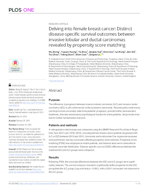 Delving into female breast cancer: Distinct disease-specific survival outcomes between invasive lobular and ductal carcinomas revealed by propensity score matching Thumbnail