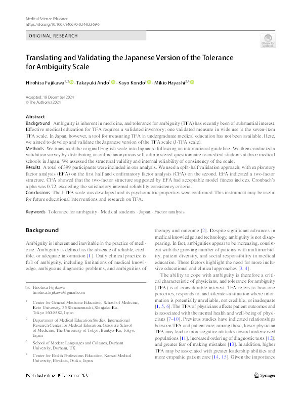 Translating and Validating the Japanese Version of the Tolerance for Ambiguity Scale Thumbnail