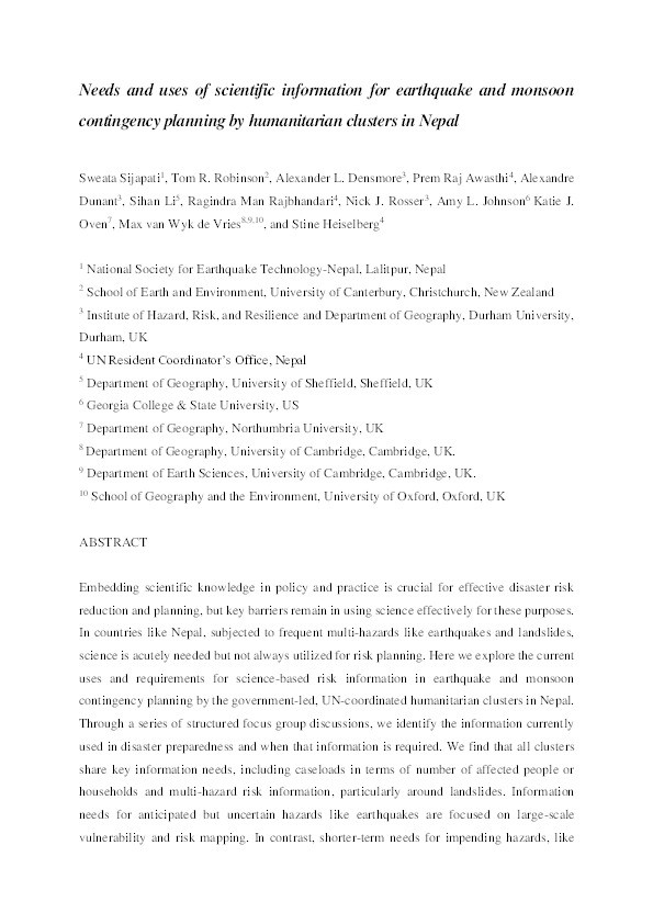 Needs and uses of scientific information for earthquake and monsoon contingency planning by humanitarian clusters in Nepal Thumbnail