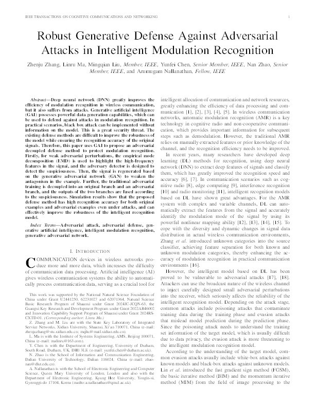 Robust Generative Defense Against Adversarial Attacks in Intelligent Modulation Recognition Thumbnail