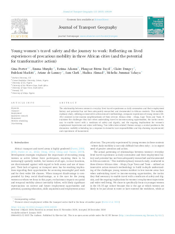 Young women’s travel safety and the journey to work: reflecting on lived experiences of precarious mobility in three African cities (and the potential for transformative action) Thumbnail