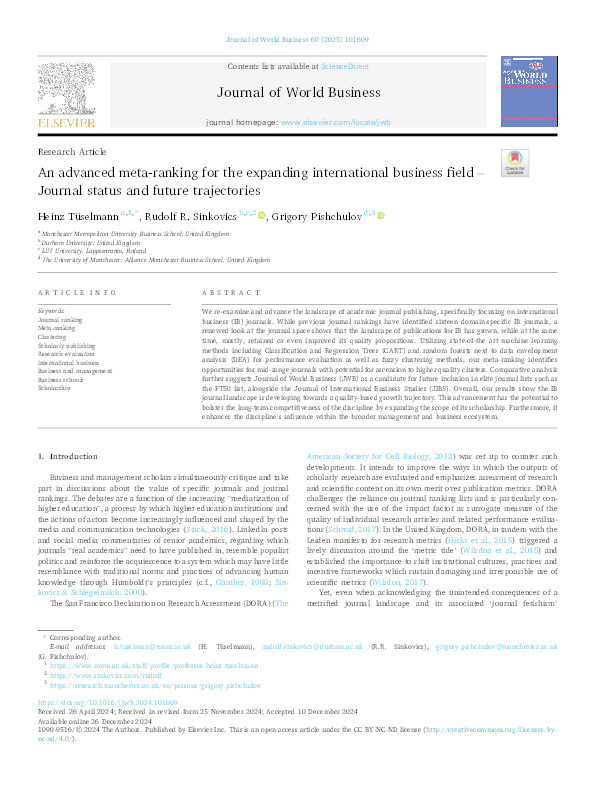 An advanced meta-ranking for the expanding international business field – Journal status and future trajectories Thumbnail