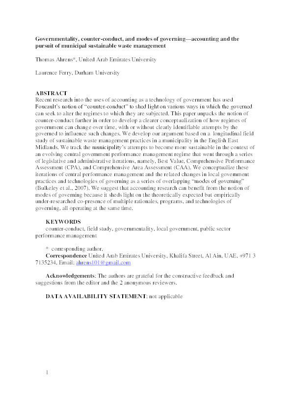 Governmentality, counter-conduct, and modes of governing - accounting and the pursuit of municipal sustainable waste management Thumbnail