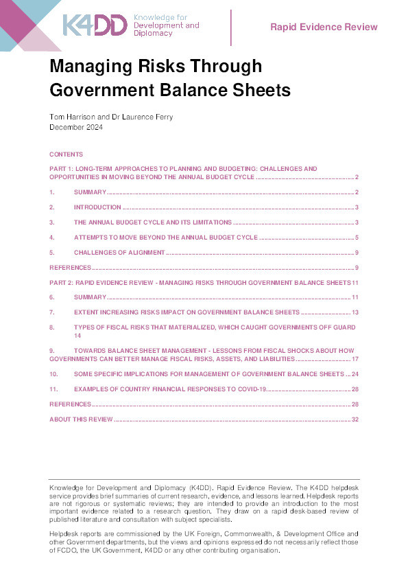 Managing Risks Through Government Balance Sheets. K4DD Rapid Evidence Review. Thumbnail