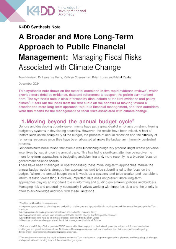 Synthesis Note: A Broader and More Long-Term Approach to Public Financial Management: Managing Fiscal Risks Associated With Climate Change Thumbnail