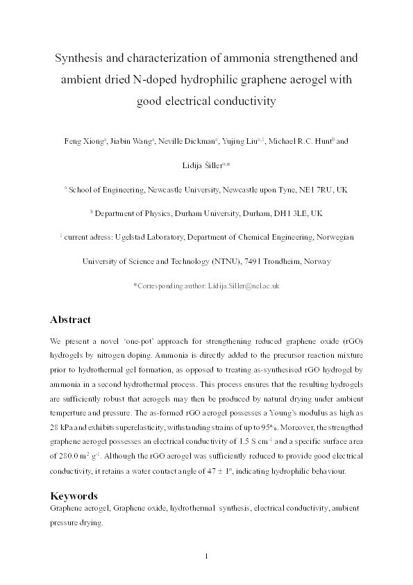 Synthesis and characterization of ammonia strengthened and ambient dried N-doped hydrophilic graphene aerogel with good electrical conductivity Thumbnail