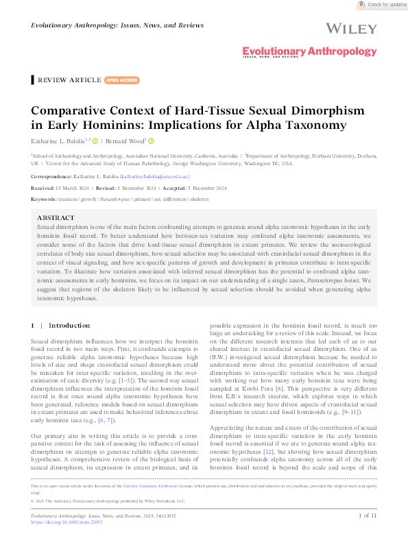 Comparative Context of Hard‐Tissue Sexual Dimorphism in Early Hominins: Implications for Alpha Taxonomy Thumbnail