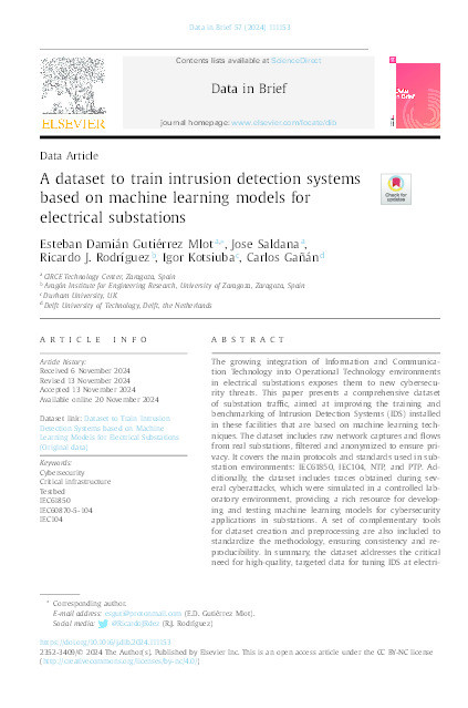 A dataset to train intrusion detection systems based on machine learning models for electrical substations. Thumbnail