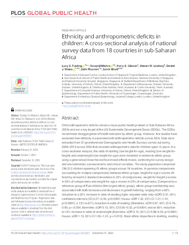 Ethnicity and anthropometric deficits in children: A cross-sectional analysis of national survey data from 18 countries in sub-Saharan Africa Thumbnail