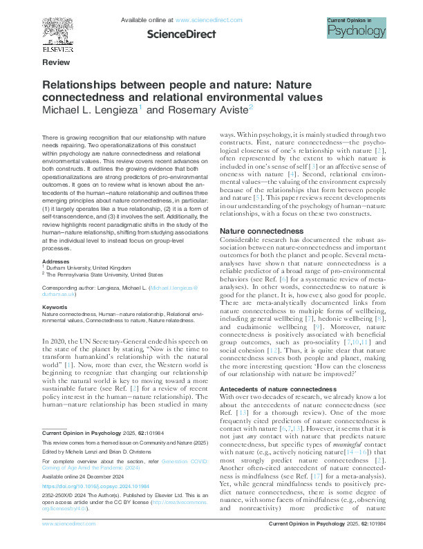 Relationships between people and nature: Nature connectedness and relational environmental values Thumbnail