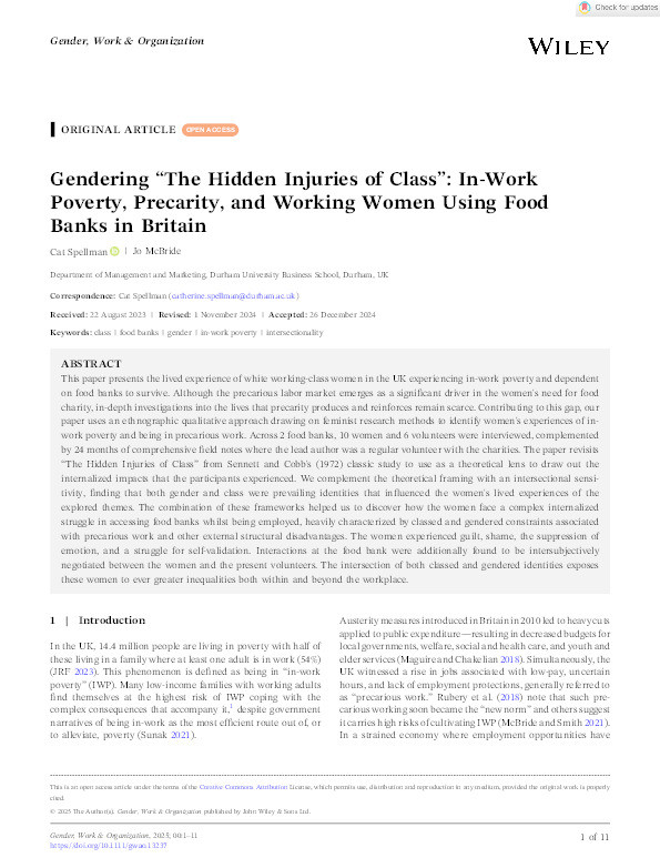 Gendering “The Hidden Injuries of Class”: In‐Work Poverty, Precarity, and Working Women Using Food Banks in Britain Thumbnail