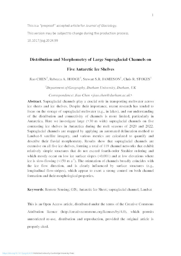 Distribution and Morphometry of Large Supraglacial Channels on Five Antarctic Ice Shelves Thumbnail