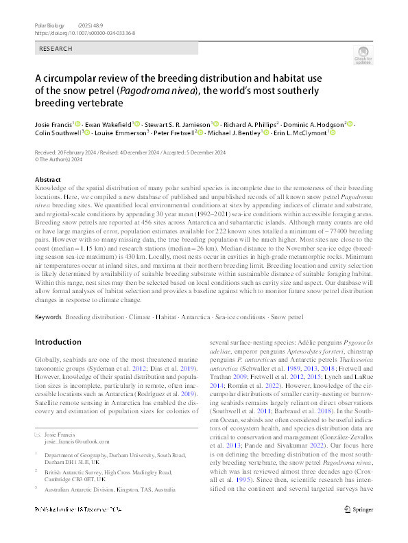 A circumpolar review of the breeding distribution and habitat use of the snow petrel (Pagodroma nivea), the world’s most southerly breeding vertebrate Thumbnail