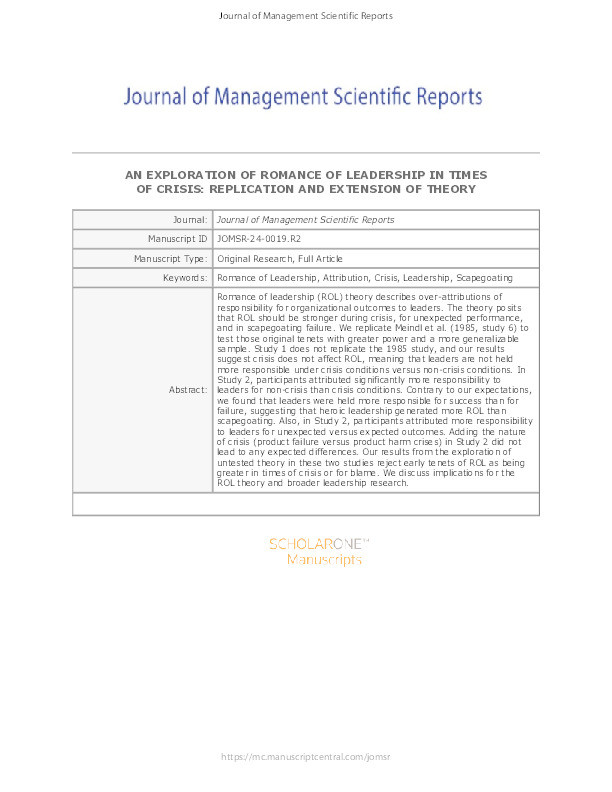 An Exploration of Romance of Leadership in Times of Crisis: Replication and Extension of Theory Thumbnail