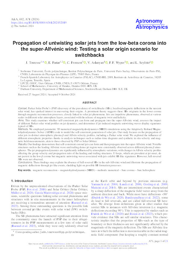 Propagation of untwisting solar jets from the low-beta corona into the super-Alfvénic wind: Testing a solar origin scenario for switchbacks Thumbnail