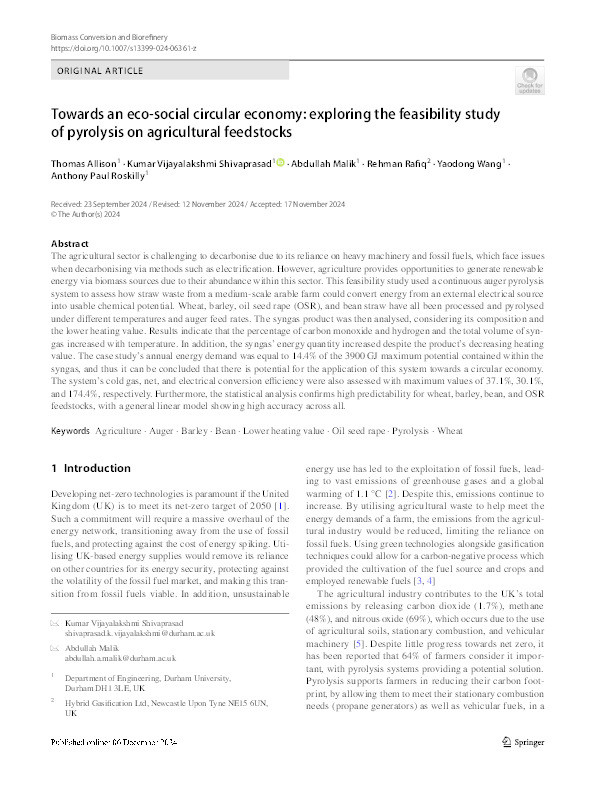 Towards an eco-social circular economy: exploring the feasibility study of pyrolysis on agricultural feedstocks Thumbnail