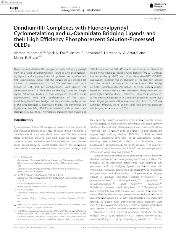 Diiridium(III) Complexes with Fluorenylpyridyl Cyclometalating and μ 2 ‐Oxamidato Bridging Ligands and their High Efficiency Phosphorescent Solution‐Processed OLEDs Thumbnail