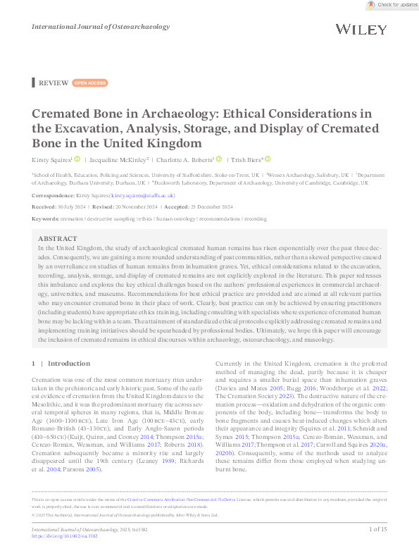 Cremated Bone in Archaeology: Ethical Considerations in the Excavation, Analysis, Storage, and Display of Cremated Bone in the United Kingdom Thumbnail