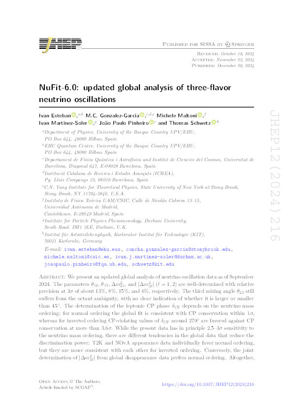 NuFit-6.0: updated global analysis of three-flavor neutrino oscillations Thumbnail