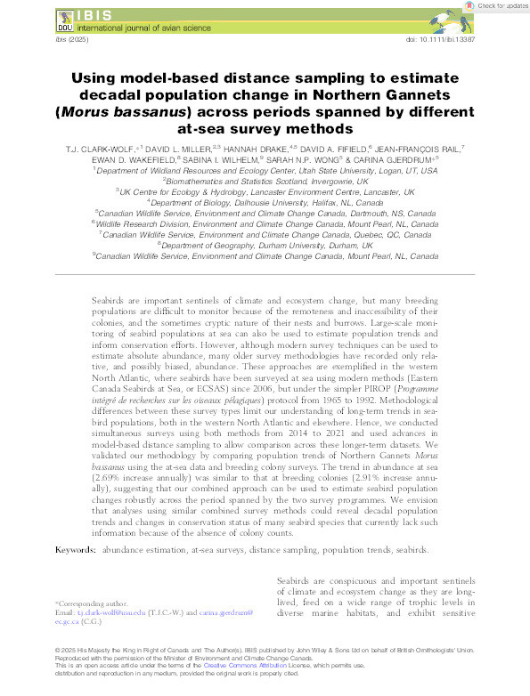 Using model‐based distance sampling to estimate decadal population change in Northern Gannets ( Morus bassanus ) across periods spanned by different at‐sea survey methods Thumbnail