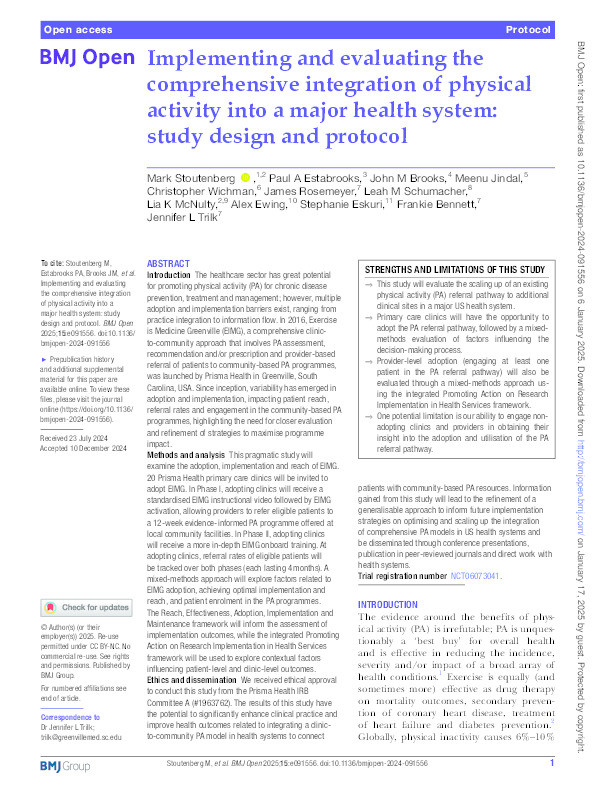 Implementing and evaluating the comprehensive integration of physical activity into a major health system: study design and protocol Thumbnail