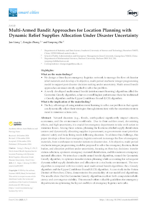 Multi-Armed Bandit Approaches for Location Planning with Dynamic Relief Supplies Allocation Under Disaster Uncertainty Thumbnail