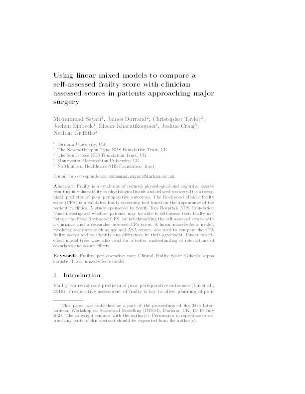 Using linear mixed models to compare a self-assessed frailty score with clinician assessed scores in patients approaching major surgery Thumbnail