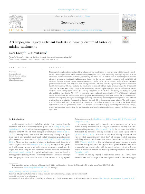 Anthropogenic legacy sediment budgets in heavily disturbed historical mining catchments Thumbnail