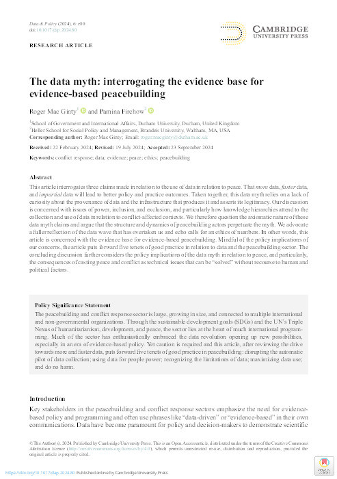 The data myth: interrogating the evidence base for evidence-based peacebuilding Thumbnail