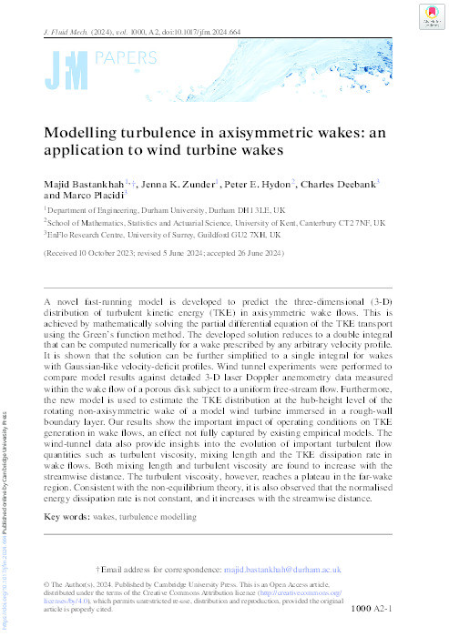 Modelling turbulence in axisymmetric wakes: an application to wind turbine wakes Thumbnail