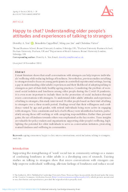 Happy to chat? Understanding older people’s attitudes and experiences of talking to strangers Thumbnail